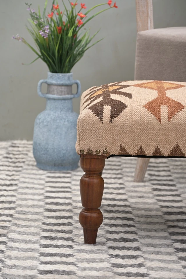 Handcrafted Acacia Wood Stool | Decorative Kilim Upholstered Pouf Footstool - Image 3 of 4
