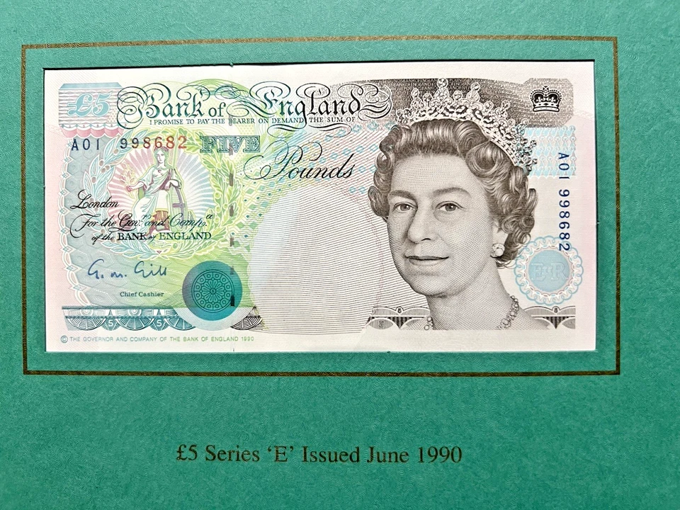 Juego de presentación de billetes de cinco libras del Banco de Inglaterra de Gran Bretaña 1971 y 1990 Foto 3 de 4