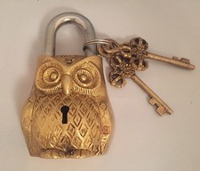 Owl Head LOCK Big Padlock brass keys Golden antique look Owl Pad Vintage lion