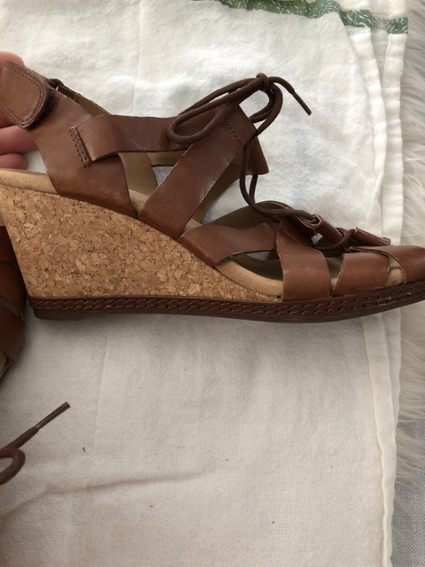Clarks Collection Soft Cushion Tan Strappy Lace Up Cork Wedge Sandal 9 EUC | eBay