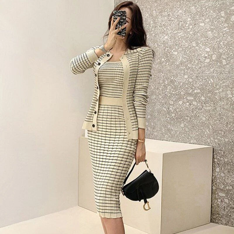 Korean Knitting 3 Pieces Set Women Knitted Sling Cardigan u0026 Pencil Skirts  Casual | eBay