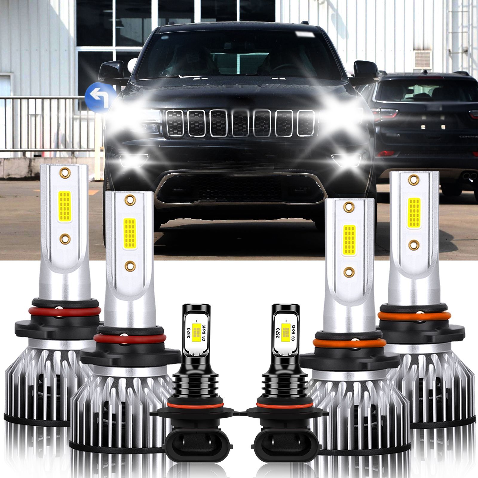 6000K LED Hi Lo Headlight and Fog Light Bulbs for 1999-2010 Jeep Grand Cherokee