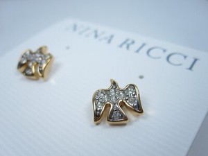 Authentic Nina Ricci Gold Plated Pierced Dove Earrings with Swarovski Crystals - 6141