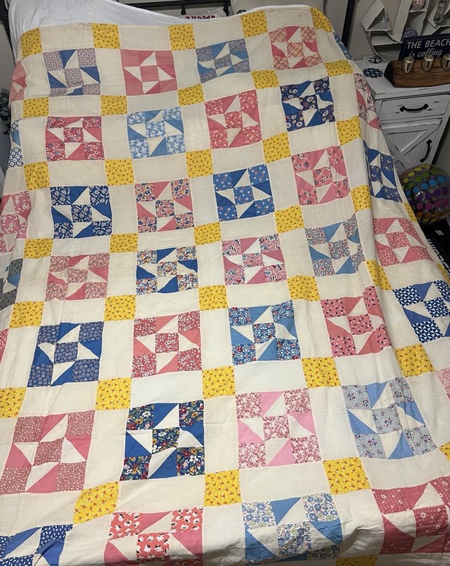 Vtg Pinwheel Nine Patch Quilt 74x89 Hand Sewn Feed Flour Sack Top
