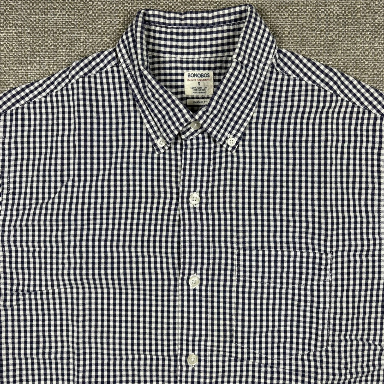 Bonobos Men's Shirt S Short Sleeve White Black Plaid Standard Fit Cotton Pocket
