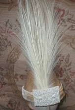 Antique 1920's Egret Plumes Bandeau w Carved Floral Ornament Velvet Ties Wedding