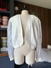 Vintage 90s Jacket Cropped White Lace Puff Shoulder Embroidery Bolero