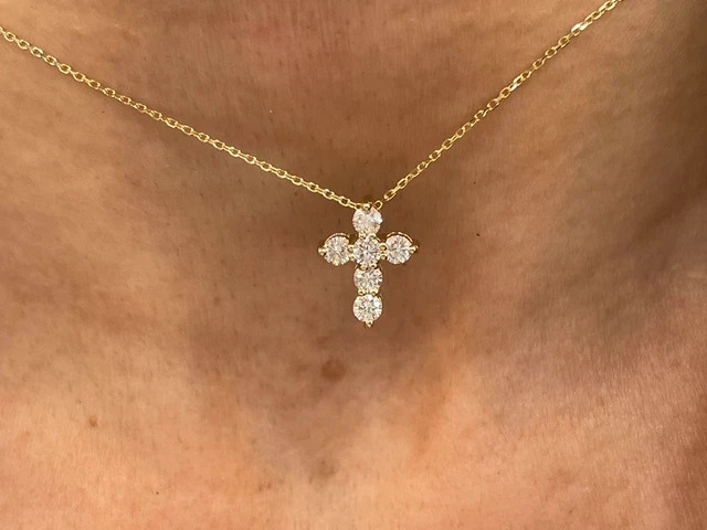14k Gold Plated 0.55Ctw Round Real Moissanite Small Cross Pendant Necklace