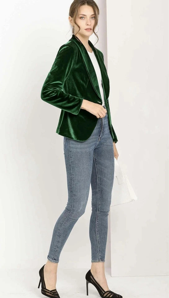 Allegra K Women's Size XL Shawl Collar Velvet Blazer Jacket Emerald Green NEW - Image 2 of 4