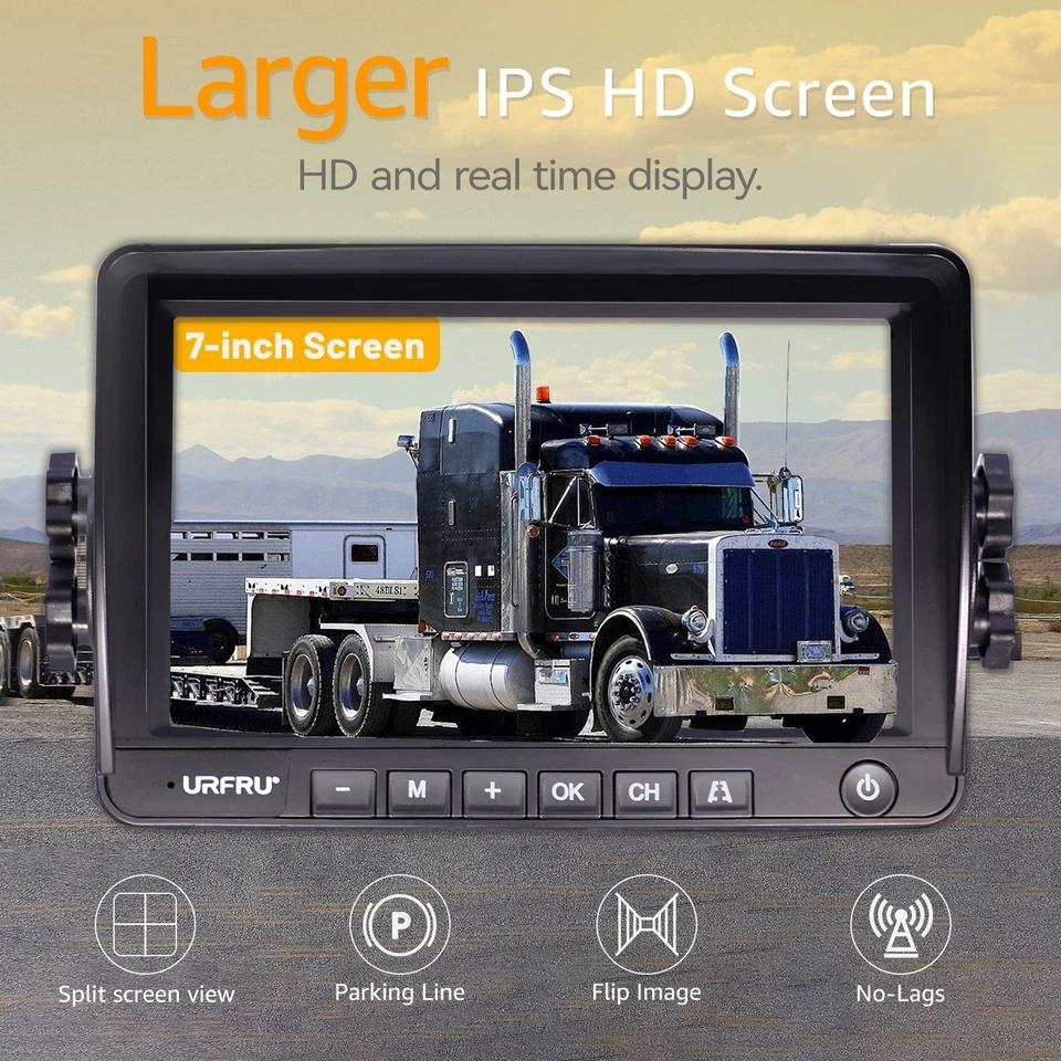 URFRU 2 Cams Wireless Backup Cameras 7" HD IP69 INV for Car RV Truck Pickup SUV - Image 2 of 4