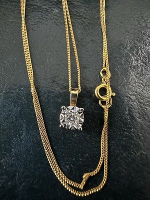 Vintage 9k Gelbgold Diamant Halskette - Illusion Set Diamant Anhänger - 18'', 1g