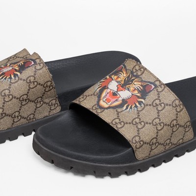 GUCCI GG Supreme Monogram Angry Cat Lug Sole Slide Sandals 5 Ebony size US-9