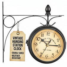 Garden Wall Clock Outdoor Station Clock with Metal Bracket Vintage Hanging Style