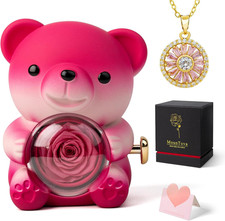 Cute Teddy Bear with Preserved Rose and Necklace, Elegant Bear Roses Gifts with