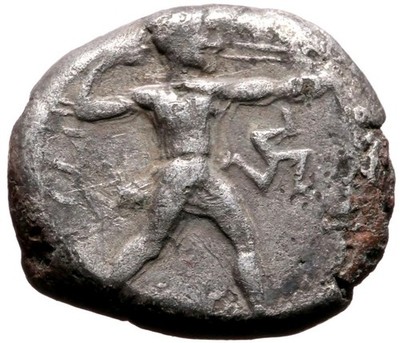 PAMPHYLIA, Aspendos. 420-325 BC. Fourree Stater Two wrestlers Slinger 