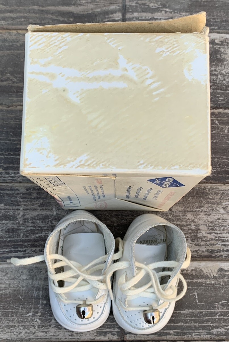 Vintage Baby Shoes With Bells On Laces Leather Wee Walker Shoes