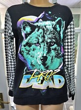 Vintage Drop Dead Sweatshirt Size S Black & White Wolf Print Jumper Houndstooth