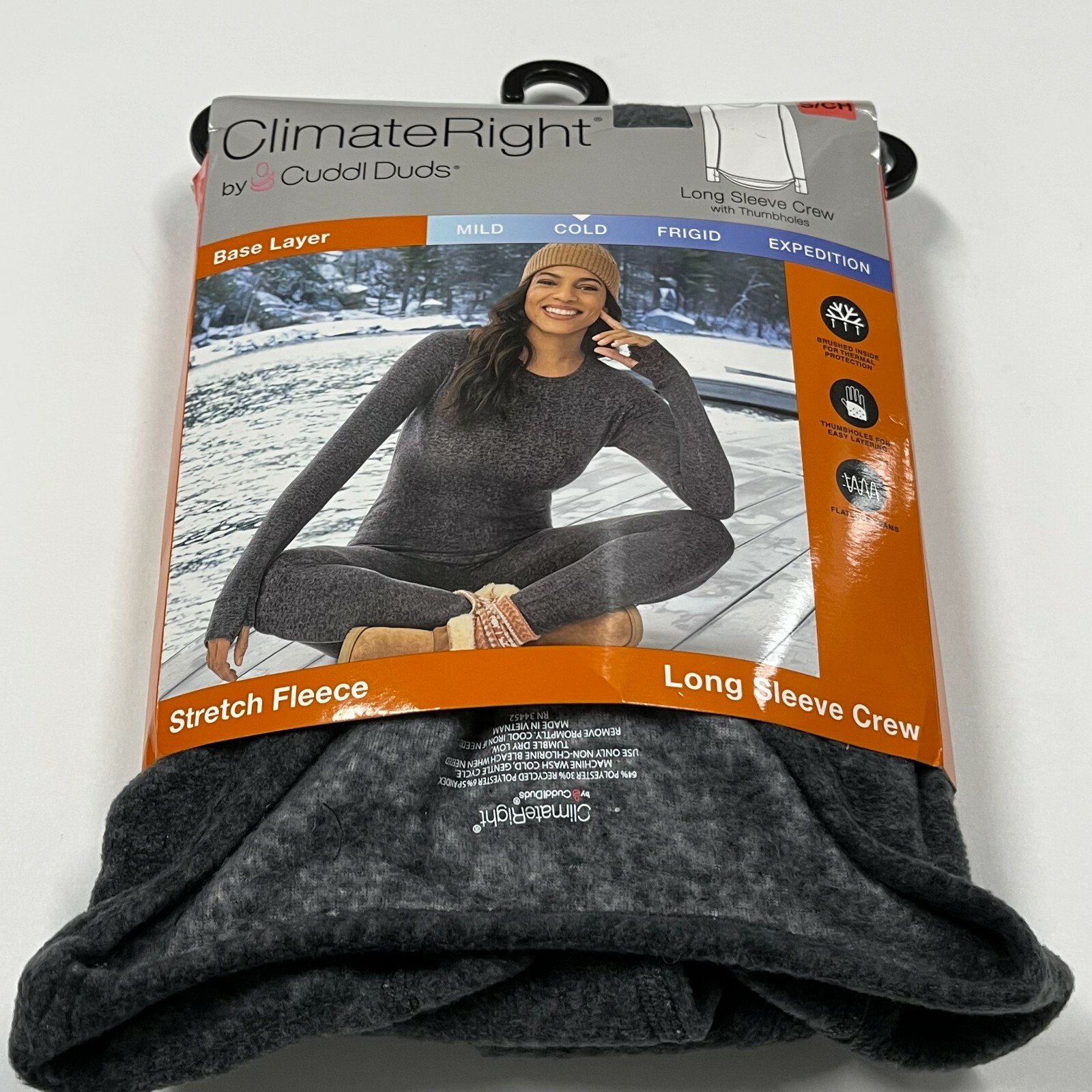 Climateright by Cuddl Duds Women's Stretch Fleece Long Underwear Crewneck Thermal Top with Cuff Thumbhole, Size: Small, Gray
