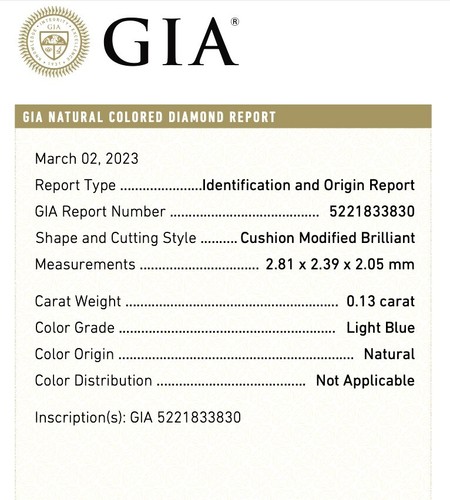 0.13ct AUSTRALIAN LIGHT BLUE DIAMOND GIA CERTIFICATE CUSHION SHAPE SI1 CLARITY - Picture 8 of 10