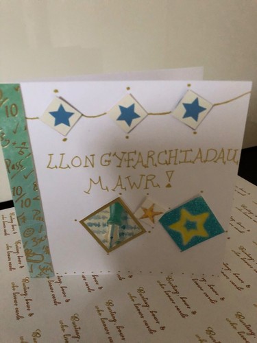 Handmade Llongyfarchiadau card with a gold and yellow colour scheme