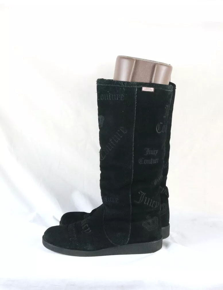 Juicy Couture Boots Angel Womens 8 Black Tall Sherpa Lined Logo Flat Vintage