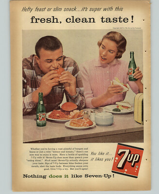 1957 PAPER AD Pop Soda Bottle 7 Up Burgers Beans Sharpens Taste Chips Apple Pie