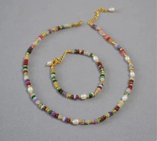 Handmade Colourful Stone Water Pearl necklace bracelet set Xmas Gift Idea
