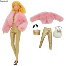 Pink Faux Fur Coat Clothes Set For 11.5in. Doll Outfits Top Pants Shoes Bag 1/6