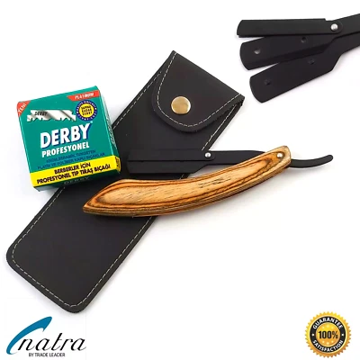 Holz Rasiermesser + 100 DERBY PROFESSIONAL Rasierklingen Rasierer + Etui NATRA - Bild 1 von 4