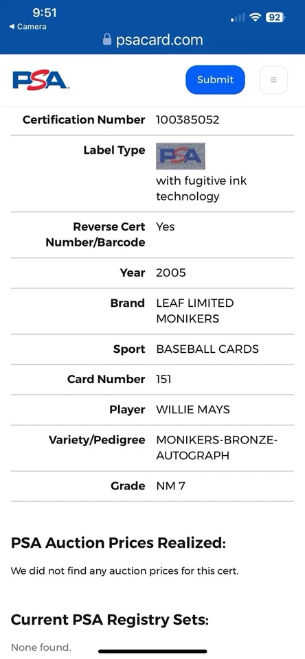 Willie Mays Leaf Limited Monkers 2005 autógrafo de bronce PSA casi nuevo 7 Foto 3 de 3