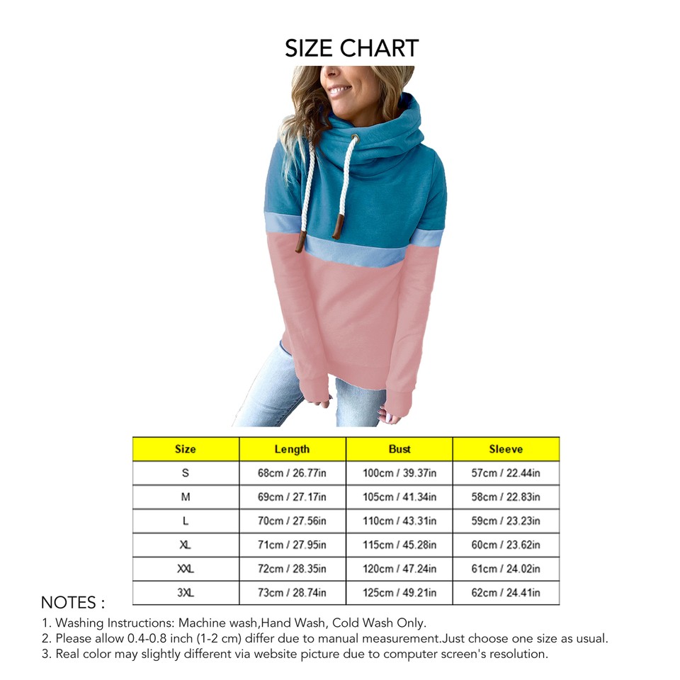Women Hoodies Pure Color Block Turtleneck Hoodie Ladies Casual Hoodie