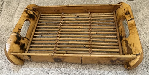 Tortoise Shell Bamboo Serving Tray Rattan Tropical Tiki Boho Handles Vintage