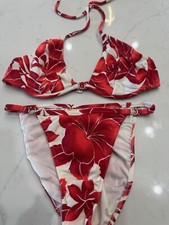 Venus Red  Vintage U/W Bikini Top B  Moderate Bottoms M Perf Metal V Logo EUC
