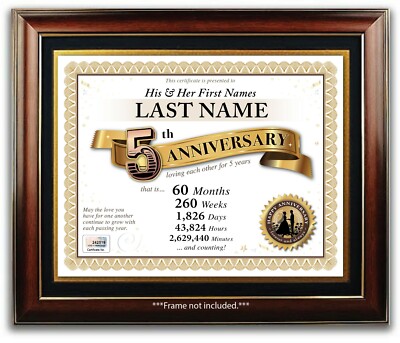 PERSONALIZED HAPPY 5th WEDDING ANNIVERSARY CERTIFICATE - 5 Years PRESENT GIFT