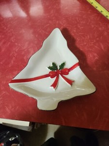 Christmas Tree W/Red Ribbon & Holly Leaf Plate Dish Mt Clemens Pottery Holiday