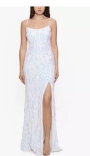 White Beaded Sleeveless Full-Length Column Wedding Dress Scoop Neck High Slit 14