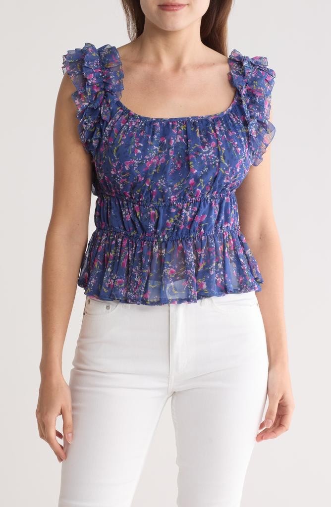 French Connection Gretha Blue Floral Ruffle Top Small
