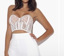 Miss Circle NY White Lace Bustier Crop Top Women  s L Nude Corset Fairycore Party