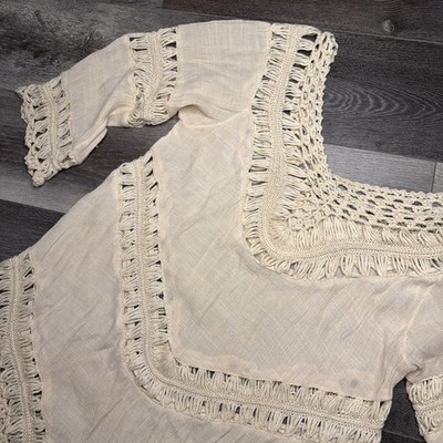 Ivory Crochet Tunic Boho Beach Cover Up Festival Hippie fits women size S/M 