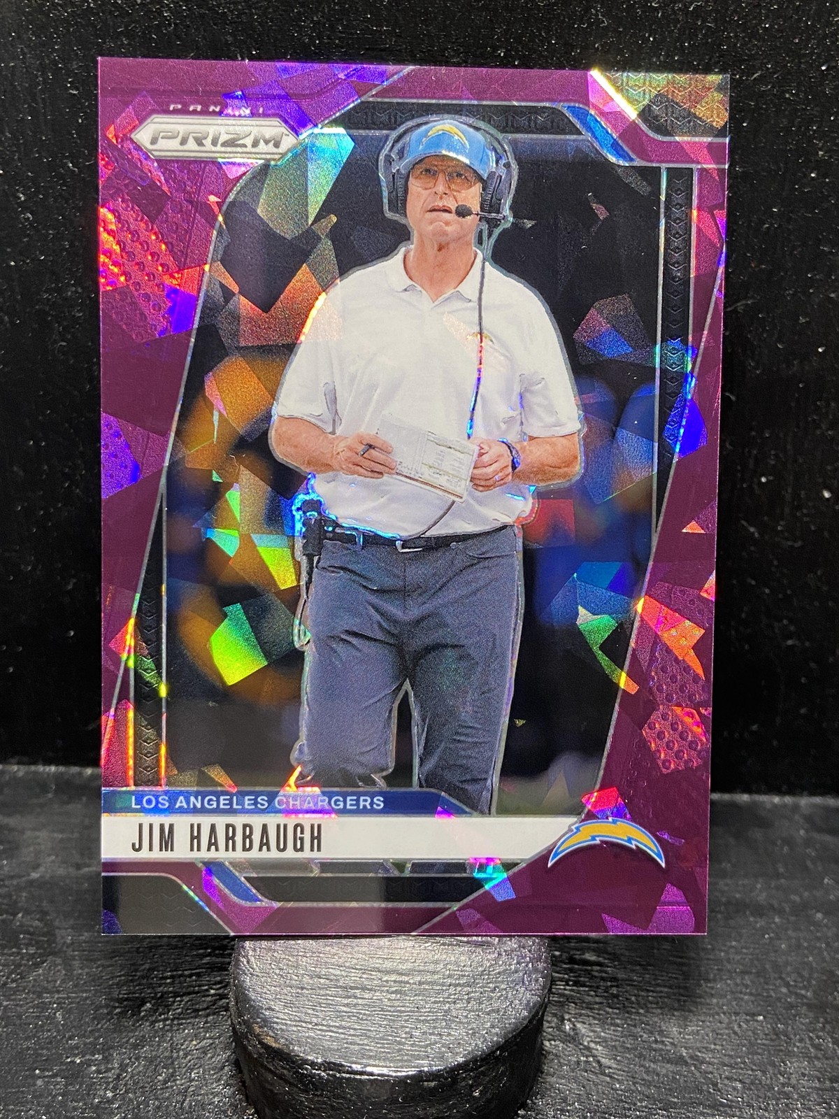 /225 Jim Harbaugh #163 2024 Panini Prizm Purple Ice Los Angeles Chargers