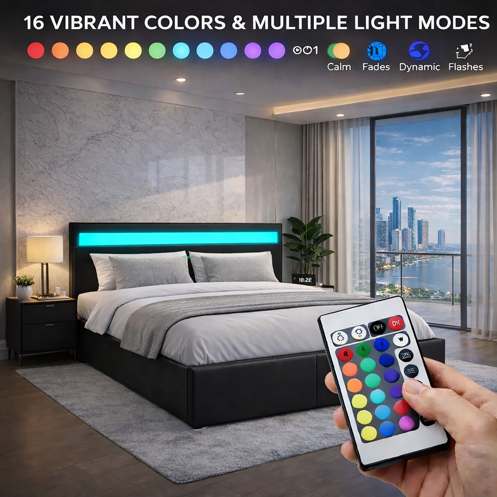 Black 4ft6 Faux Leather Double Ottoman Storage Bed with LED Headboard & Remote