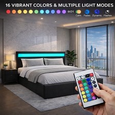 Black 4ft6 Faux Leather Double Ottoman Storage Bed with LED Headboard & Remote