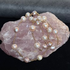 Late-1990s Vintage 9K Solid Yellow Gold 30" Opera Length Pearl Station Necklace
