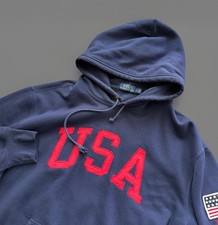 Polo Ralph Lauren USA Men's Large Hoodie Blue Pullover Sweatshirt Flag Patch