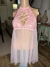 Victoria Secret Baby Pink Lace Bust High-Neck Chemise Negligee Nightie Large NWT