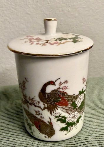 Vintage Lidded Porcelain Jar Peacock Floral Motif Gold Trim Made in Taiwan 3.25
