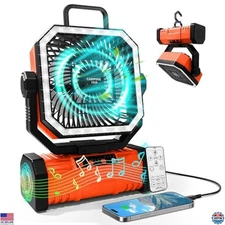 20000mAh Portable Camping Fan with Bluetooth Speaker, Remote, 4 Speeds & LED