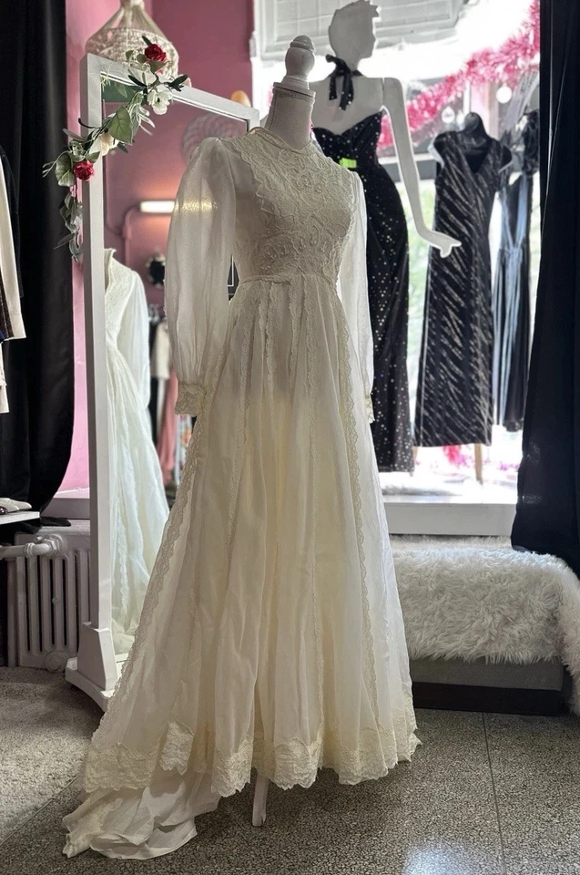 Vestido de novia vintage años 60 Alfred Angelo marfil boho hippy velo tocado XS Foto 4 de 4