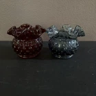 Set Of 2 Fenton Red/Blue Hobnail  Ruffled Vases 3 Inches Tall Candle Holder