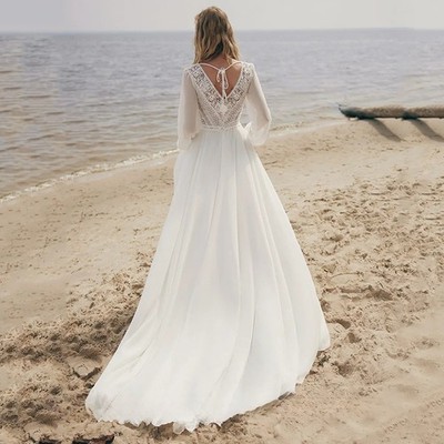 Bohemian Lace Beach Wedding Dress Customized Puff Sleeves V Neck See Through | eBay Bohemian Lace Beach Wedding Dress Customized Puff Sleeves V Neck See Through | eBay